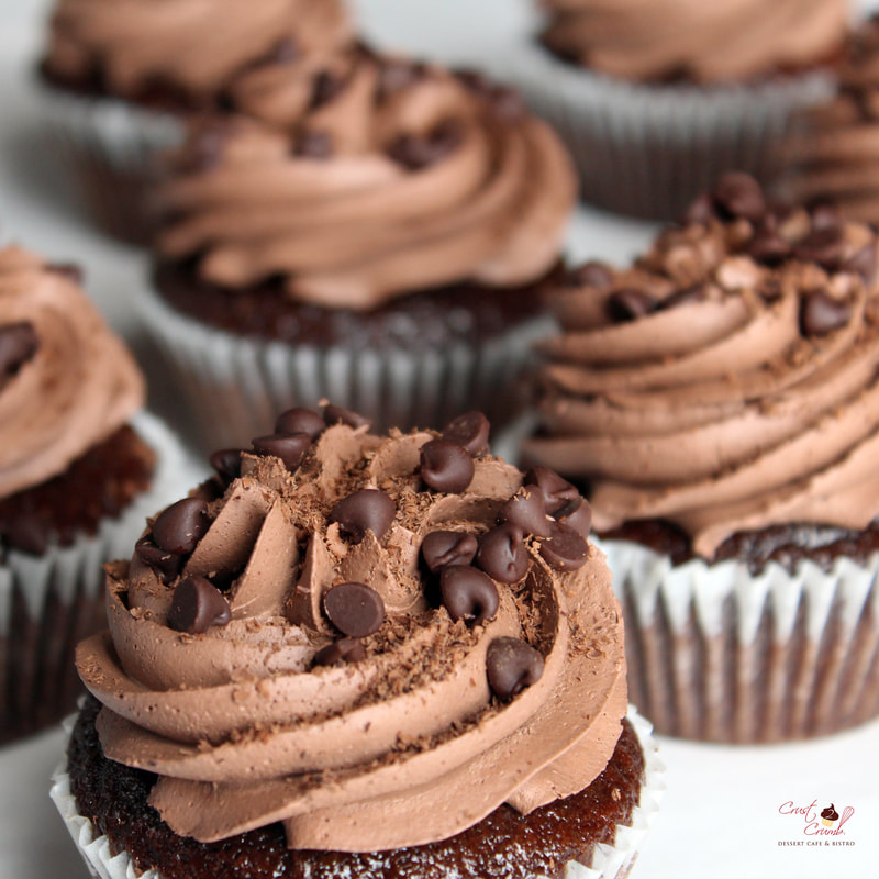 Chocolate cupcakes with chocolate whipped cream frosting and chocolate chips at Crust2Crumb, Trinidad