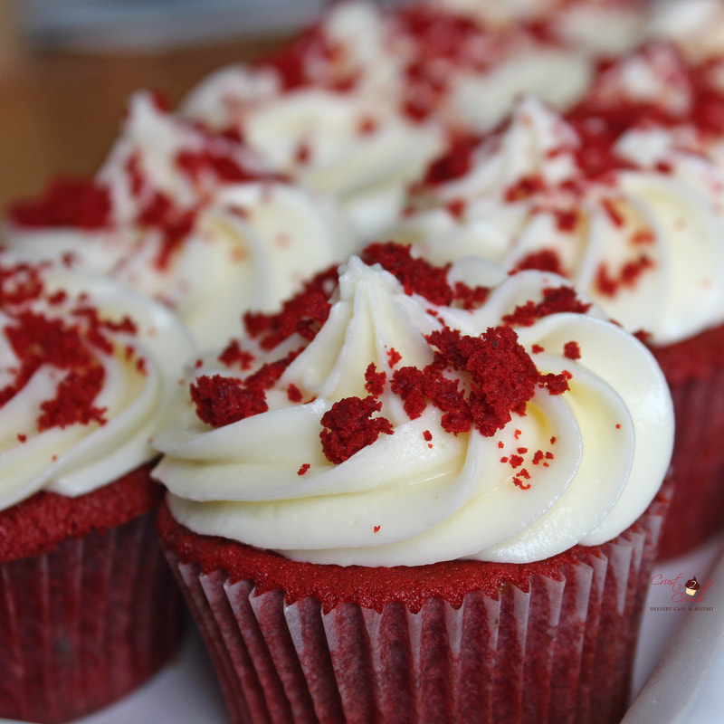 Red Velvet Cupcakes with Buttercream frosting and red velvet crumble at Crust2Crumb, Trinidad